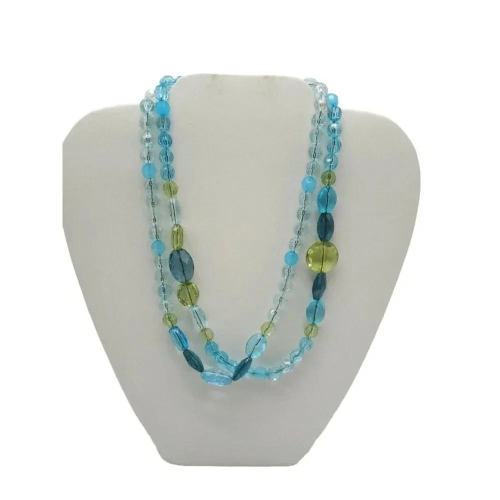 Double Strand Blue Green Glass Beaded Necklace Barrel Closure Vintage